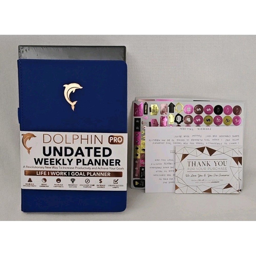 Dolphin‎ Pro Undated Premium Weekly Planner 12 Month Blue Stickers new